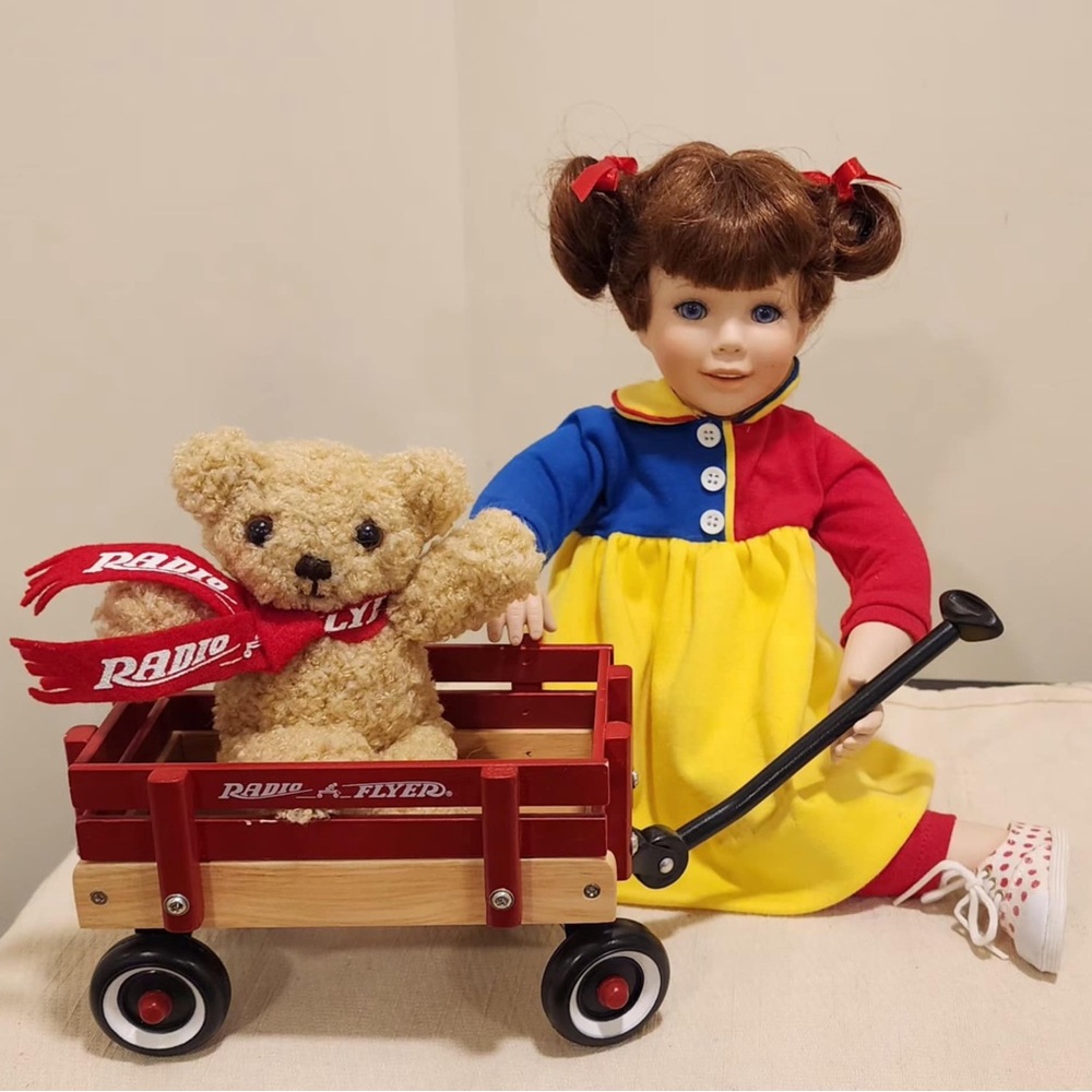 Red Wagon with Doll and Teddy Bear